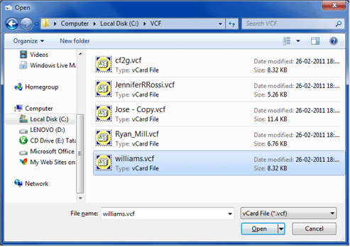 Select vCard (VCF file) and click the Open button.